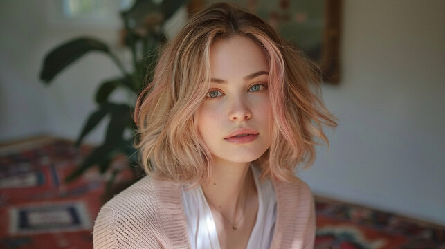 Beautiful girl with pink hair, People lifestyle fashion concept.Portrait of a young modal in pink beachy waves hair cosmetics glamor emotions