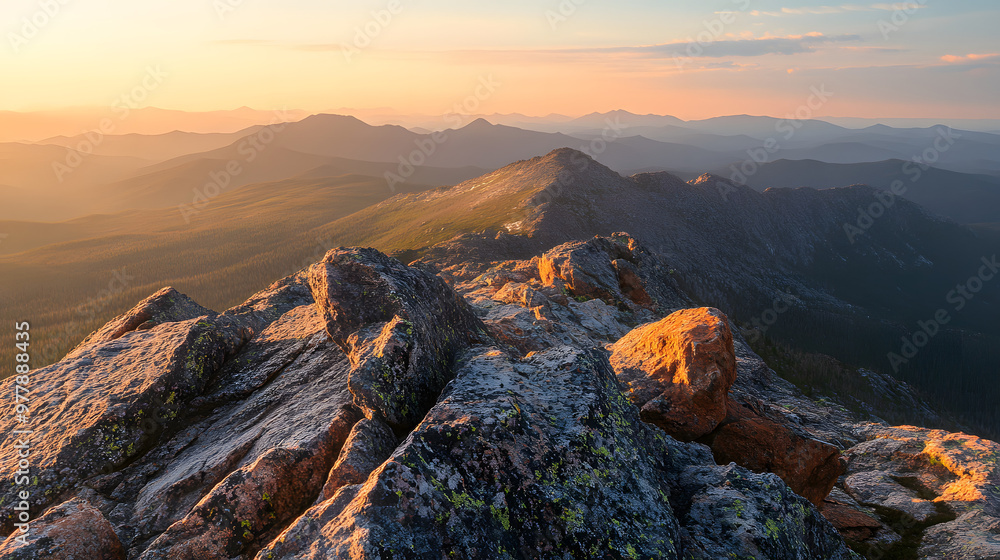 Wall mural a rocky mountain summit with panoramic views of distant ranges bathed in soft golden light at sunset