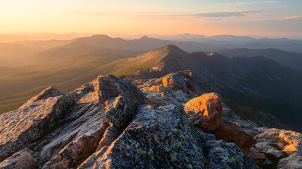 A rocky mountain summit with panoramic views of distant ranges bathed in soft golden light at sunset.