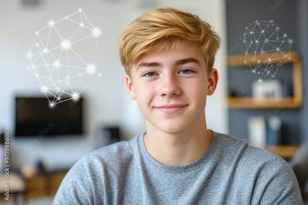 Poster cheerful young man with glowing geometric patterns in the background symbolizing digital connectivit