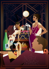 Retro Halloween party flyer. Retro couple of dancers, man and woman and singer, characters in 30s-40s style. Day of the Dead concept
