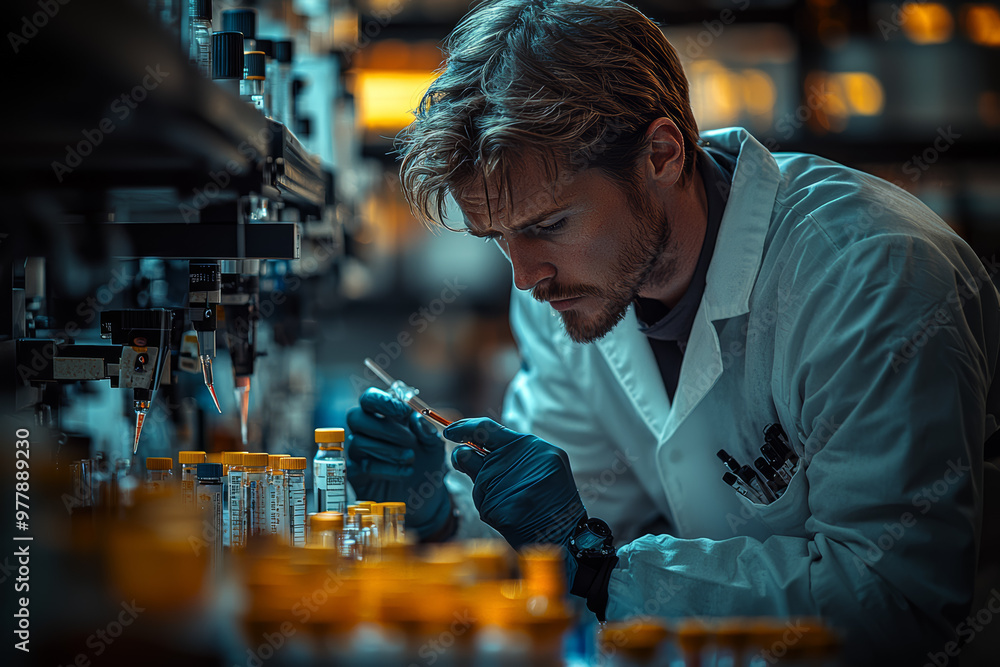 Poster a scientist in a lab, meticulously recording data after multiple experiments. concept of patience an