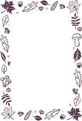 Empty vector frame decorated with autumn leaves, mushrooms, acorns, and forest elements in black color.Hand-drawn border illustration. Fall season and nature concept for greeting card, poster, menu