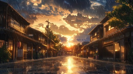 Serene Rainy Day in Anime Style Background, Peaceful Sunset Street, Japanese Animation Artwork, Atmospheric Evening Scene, Calm Neighborhood Setting