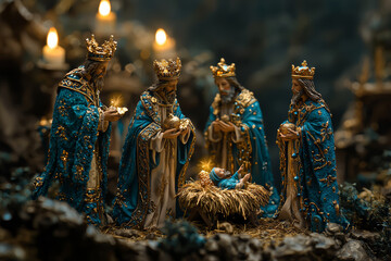 A nativity scene where the three wise men are using GPS to find the stable, instead of following the star. Concept of modern reliance on technology.