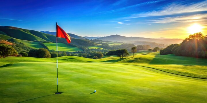 Vibrant image of a golf flag on a lush green course amidst rolling hills against a clear blue sky background