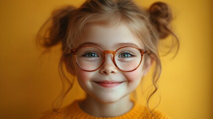 Fototapeta premium this Funny child schoolgirl making a silly face on a bright yellow background, capturing playful and joyful emotions.