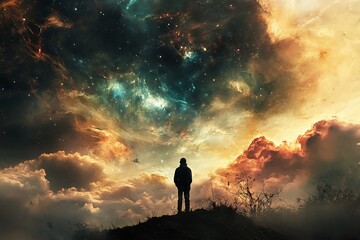 Fototapeta premium Silhouette of a man standing on a hill, looking up at a breathtaking nebula in the sky. A concept of wonder, exploration, and the vastness of the universe.