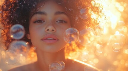 this Cheerful girl blowing soap bubbles, with bubbles floating around her and a bright, happy expression.