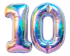 neon holografic foil balloon for birthday in the shape of the number 10 , isolated on the white background