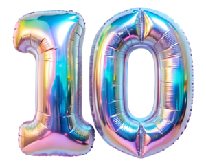 neon holografic foil balloon for birthday in the shape of the number 10 , isolated on the white background
