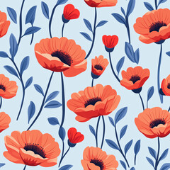 Blue seamless background with poppies