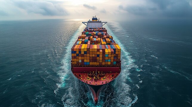 this Ultra-large container vessel (ULCV) sailing at sea, viewed from an aerial perspective with a sense of scale and grandeur.
