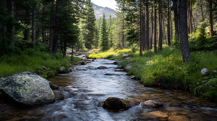 A serene mountain landscape with a crystal-clear stream flowing through a dense pine forest.