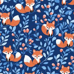 Tiny foxes - seamless pattern with simple flat design with blue background