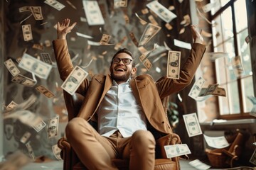 Fototapeta premium A man in a suit sits in a leather armchair, arms raised as dollar bills fall around, symbolizing wealth, success, and financial freedom.