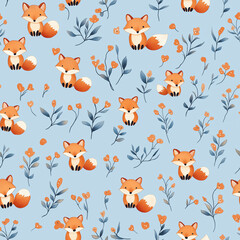 Tiny foxes - seamless pattern with simple flat design with blue background