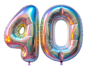 neon holografic foil balloon for birthday in the shape of the number 40 , isolated on the white background