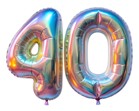 neon holografic foil balloon for birthday in the shape of the number 40 , isolated on the white background