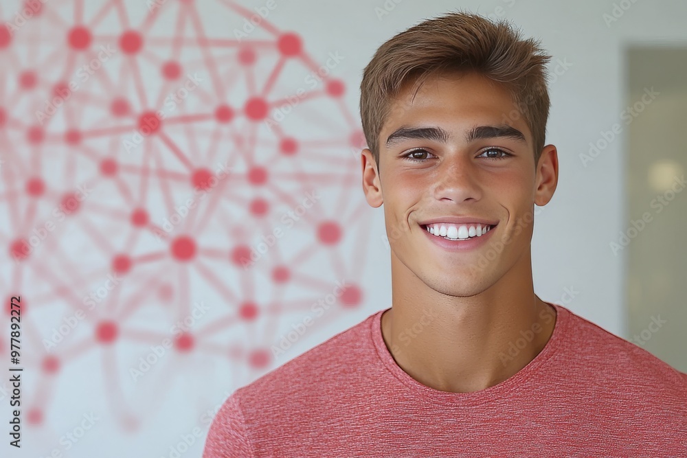 Poster young man smiling confidently with a digital network background symbolizing youth connection and tec