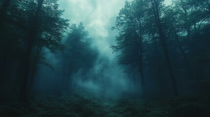 Obraz premium an Dark foggy forest with dense mist and tall trees, creating an eerie and mysterious atmosphere.
