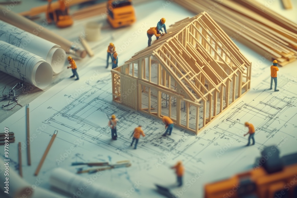 Poster miniature workers constructing a house with blueprints and tools in a creative design environment