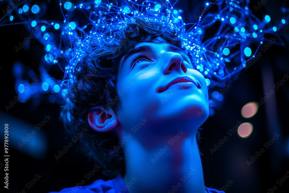 Poster boy looking upwards into glowing blue neural network representing awe curiosity and deep thought con