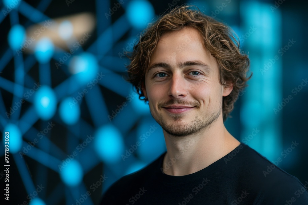 Poster young man in a tech environment representing modern innovation digital connectivity and the intersec