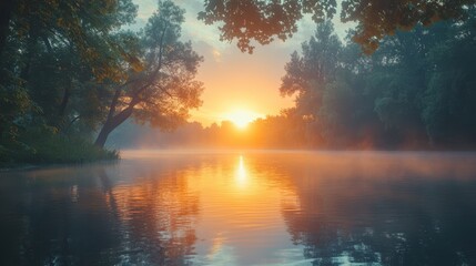 A serene sunrise over a calm lake, with reflections of trees and a golden horizon perfect for inspirational content, nature blogs, and motivational backgrounds,
