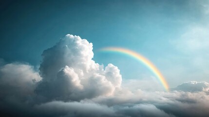 A stunning rainbow arches over fluffy clouds against a serene blue sky, creating a vibrant and peaceful landscape.