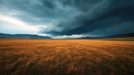 A vast, golden field under a dramatic stormy sky, showcasing nature's beauty and the contrast between light and dark.