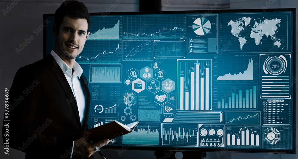 Poster data analysis for business and finance concept. interface showing future computer technology of prof