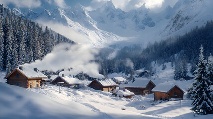 A snowy mountain village nestled in a valley with cozy cabins and smoke rising from chimneys.