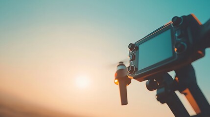  A high-performance drone controller with a display screen, with an empty sky in the background