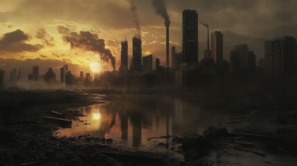 Fototapeta premium A Silhouetted Cityscape with Smoke and a Setting Sun Reflected in a Body of Water