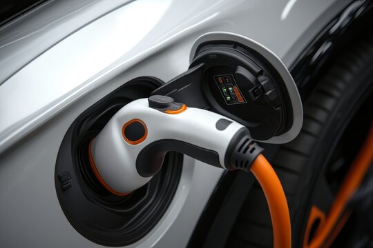 Close up of electric car charging with handheld power supply and coiled cable features