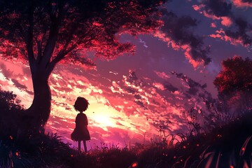 Obraz premium Silhouette of a young girl standing in a field watching a beautiful sunset. Art of loneliness, sadness, and reflection