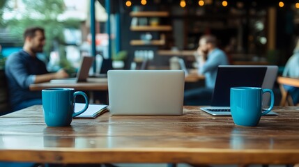 Two Blue Mugs and Two Open Laptops on a Wooden Table in a Coffee Shop