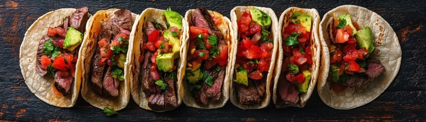 A row of delicious steak tacos garnished with diced tomatoes, avocado, and fresh cilantro set on a dark rustic wooden background, suitable for use in food blogs, restaurant menus