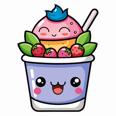 a kawaii yogurt cup with a cute face, a spoon inside, and colorful fruit toppings like blueberries 