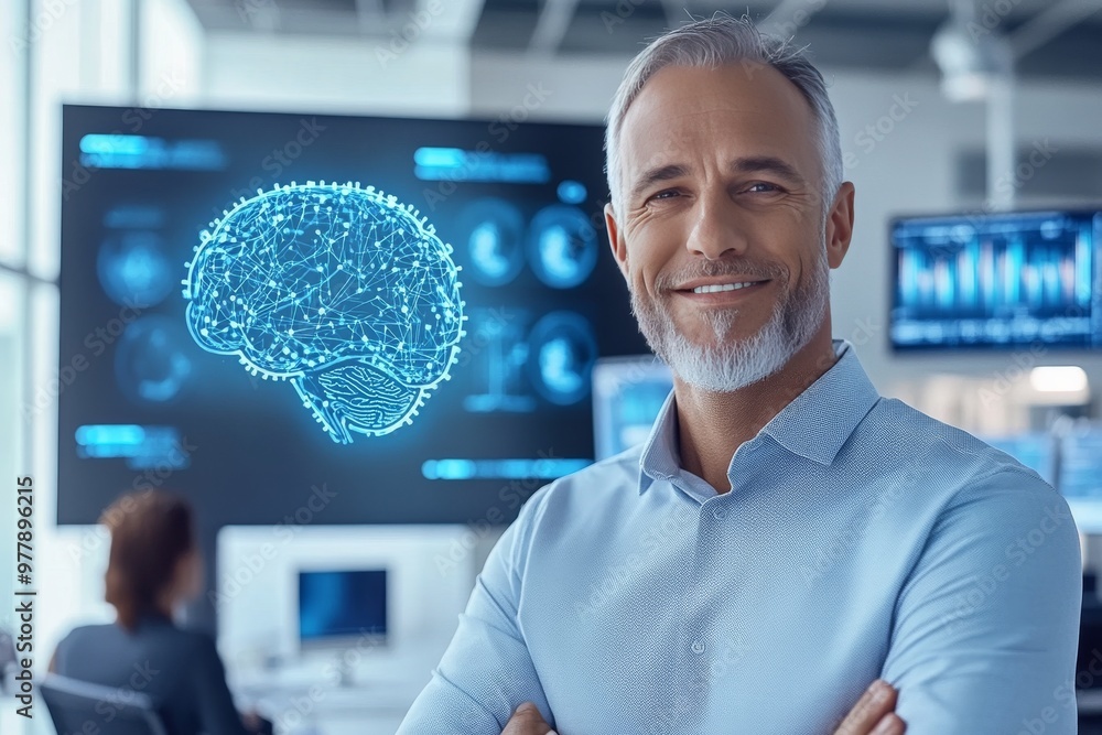 Aufkleber professional man in a futuristic office with digital brain hologram in the background representing t