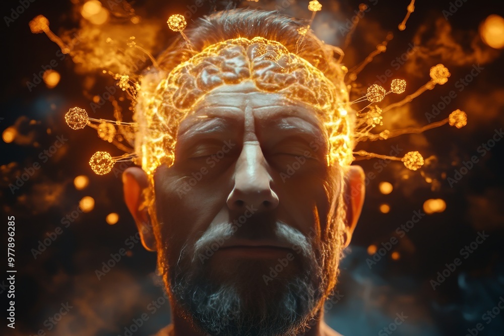Poster elderly man with glowing neural crown symbolizing intellectual advancement cognitive complexity and 