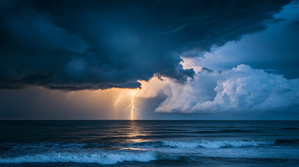 A stormy horizon over the ocean with dark clouds gathering and lightning strikes illuminating the distant waves.
