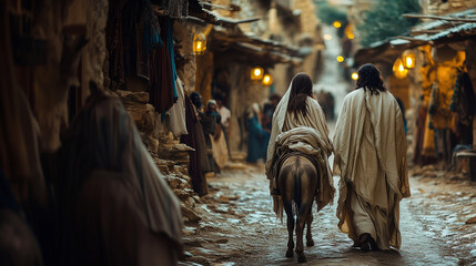 Joseph and pregnant Mary arriving at the gates of Bethlehem, under a darkening sky