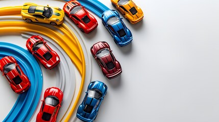 Fototapeta premium Colorful toy cars on race tracks, children's toys, automotive miniatures, racing concept, high-speed toy race cars, playful setup, copy space for text