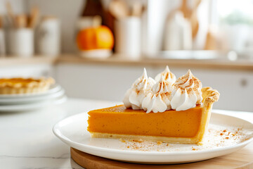 Slice of traditional American pumpkin pie on a white plate baked for Thanksgiving