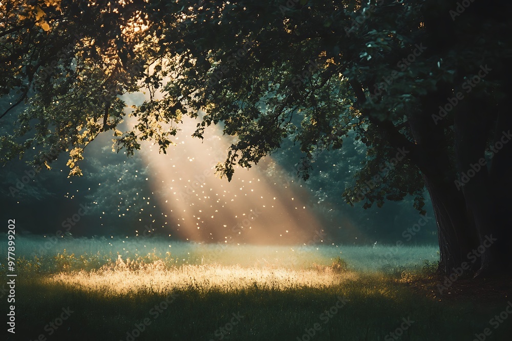 Poster sun rays shining through tree branches in a forest clearing