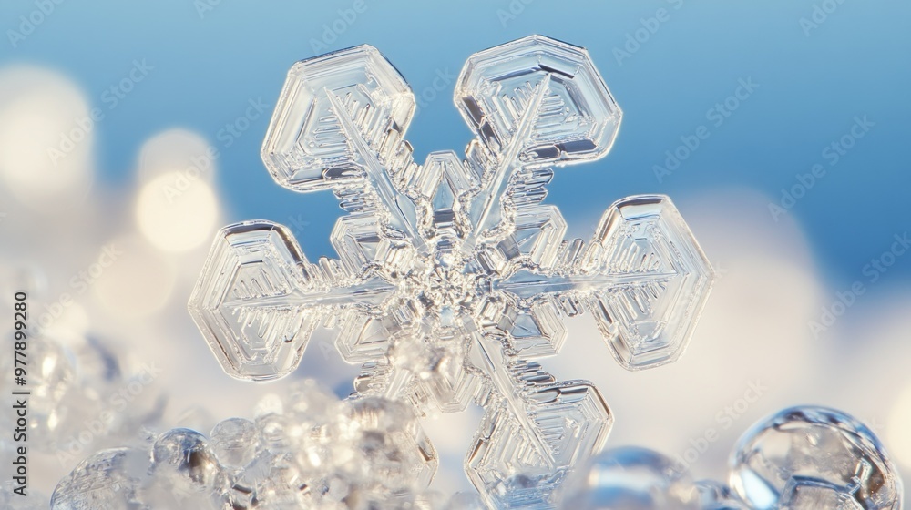 Poster a detailed close-up of a delicate snowflake with intricate crystal formations