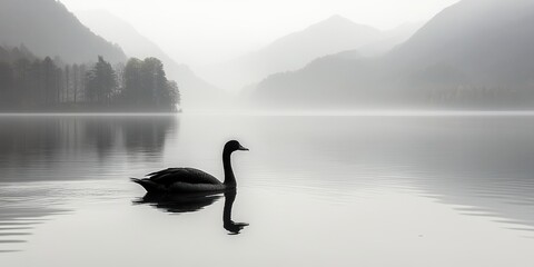 Naklejka premium Black swan swimming on misty lake in black and white