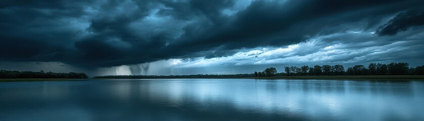 Dramatic storm clouds gather over a tranquil lake, creating a reflective and moody water surface, ideal for themes of nature, reflection, and weather, Can be used in articles, blogs